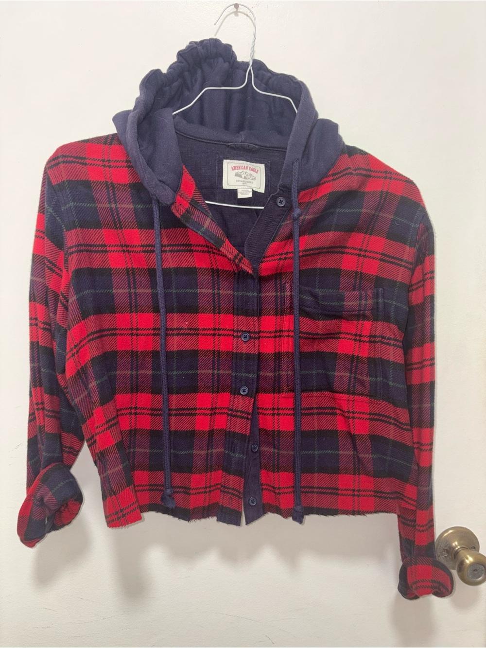 American Eagle Red & Navy Plaid Button-Up Hooded Shirt